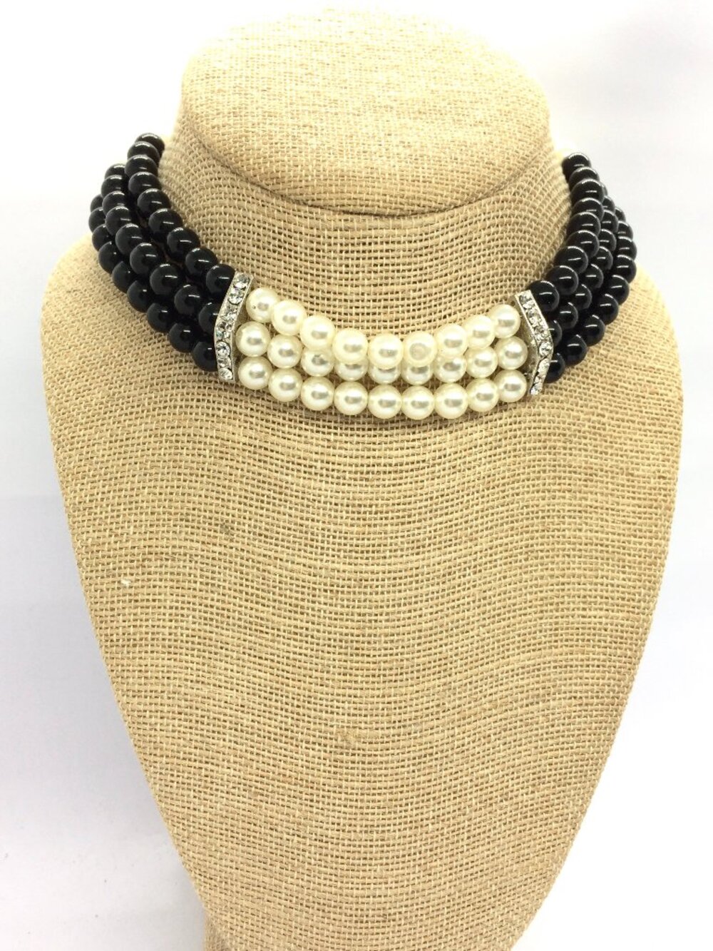 VINTAGE CHOKER NECKLACE Black White Glass Bead Faux Pearl Rhinestone 3 Strand